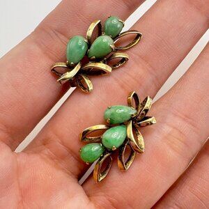 Antique 14k Yellow Gold Jade Earrings Pear Shape Leaf Branch Design Screw Backs